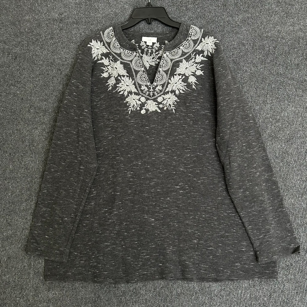J. Jill Women's L Tunic Pullover Charcoal Gray White Floral Embroidery Soft Knit
